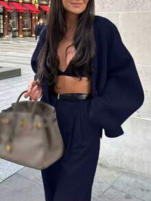 Autumn/Winter Ladies V-Neck Cardigan Outwear, English Style - Navy Blue - View 5