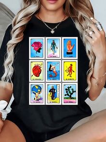 Elegante Camiseta Mujer con Estampado de La Lotería Mexicana Rosa,Dama,Mano,Corazón,Sirena,Diablito,Mundo,Músico,Nopal. ¡Diseño Original! - Negro - Ver 1