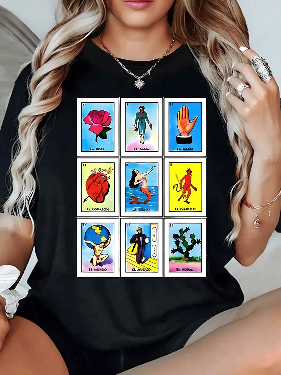 Elegante Camiseta Mujer con Estampado de La Lotería Mexicana Rosa,Dama,Mano,Corazón,Sirena,Diablito,Mundo,Músico,Nopal. ¡Diseño Original! - Negro - Ver 1