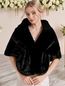 Women's Elegant Black Faux Fur Shawl, Soft Rabbit Fur-Like Ladies Shawl, Bridal Shawl, For Parties, Weddings, Formal Events - Black - View 1