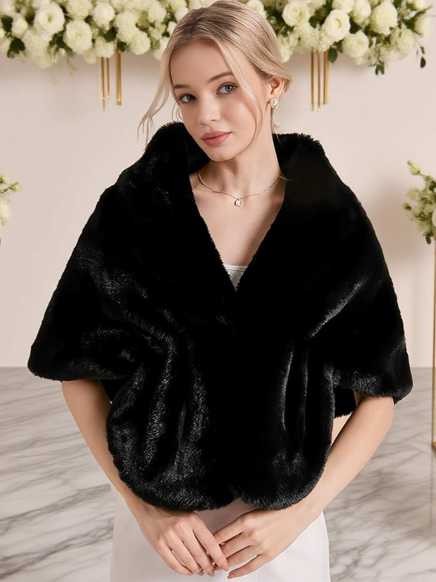 Women's Elegant Black Faux Fur Shawl, Soft Rabbit Fur-Like Ladies Shawl, Bridal Shawl, For Parties, Weddings, Formal Events - Black - View 1
