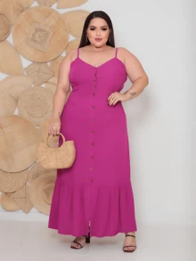 Women's Plus Size Long Dress In Plain Viscose With Padded Bra, Adjustable Straps And Front Buttons - Rose Red - View 1