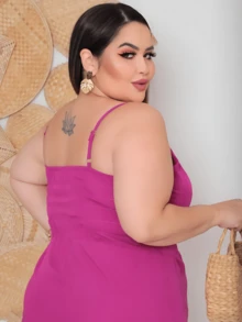 Women's Plus Size Long Dress In Plain Viscose With Padded Bra, Adjustable Straps And Front Buttons - Rose Red - View 4