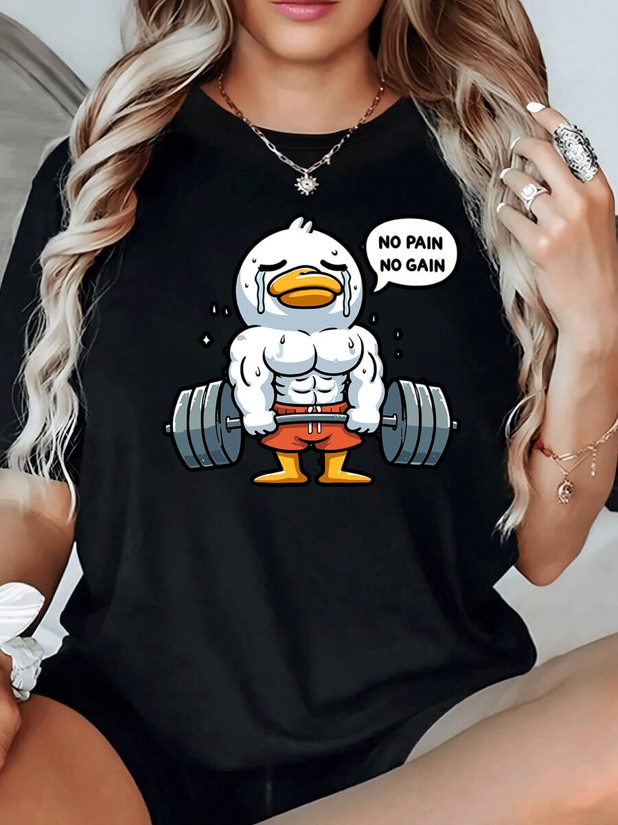 Camiseta de mujer con diseño divertido de pato musculoso levantando pesas,frase motivacional. Ideal para gimnasio y deportes. ¡Comodidad y estilo! - Negro - Ver 1