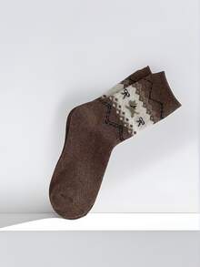 Set Of 5 Vintage Fair Isle Dog Print Socks For Women - Cute Cartoon Mid-Calf Socks With Bow Detail - Adorable Japanese Style For Fall And Winter