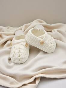 1 Pair Handmade Crochet Infant Shoes, Light Purple Color With Button Decor, Infant Size - White - View 6