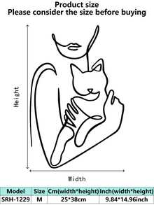 1 szt. Elegancka, kuta, żelazna dekoracja ścienna z kotem – minimalistyczny rysunek liniowy kobiety trzymającej kociaka, czarny metalowy element wystroju salonu/sypialni/biura/kuchni, idealny prezent dla miłośników kotów i zwierząt, 2D płaski wystrój pokoju