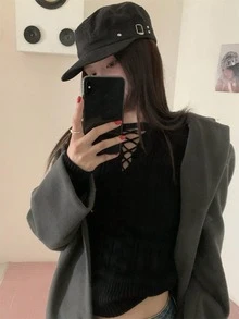 加州艺术学院复古设计收腰修身针织毛衣，女士款，可叠穿，冬季黑色春季款 - 黑色 - 查看 4