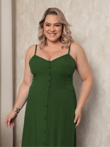 Women's Plus Size Long Dress In Plain Viscose With Padded Bra, Adjustable Straps And Front Buttons - Army Green - View 4