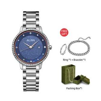 Seiko ALBA 优雅奢华女士石英腕表 AH7W29X1，不锈钢圆形蓝色表盘镶嵌钻石，时尚配饰，适合日常商务、约会和服装搭配。送给女友或爱人的完美礼物。