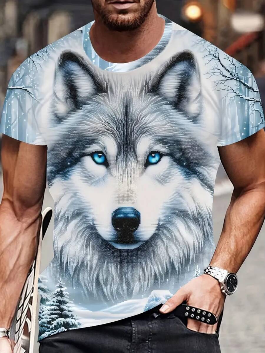 Men's 3D Wolf Pack Graphic T-Shirt - Casual Short Sleeve Crew Neck T-Shirt, Breathable Polyester, Machine Washable - Perfect For Summer - 白色 - 查看 1