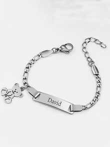 1pc Customized Bracelet With Engraved Teddy Bear Pendant - Stainless Steel Gold Color Jewelry, Suitable For Girls And Adults, Birthday Christmas Gift, Can Be Worn Daily Or For Parties, Cute Bear Design, Shiny Surface, Personalized Engraved Name/Date Stainless Steel Bracelet, Christmas Gift, Halloween Gift