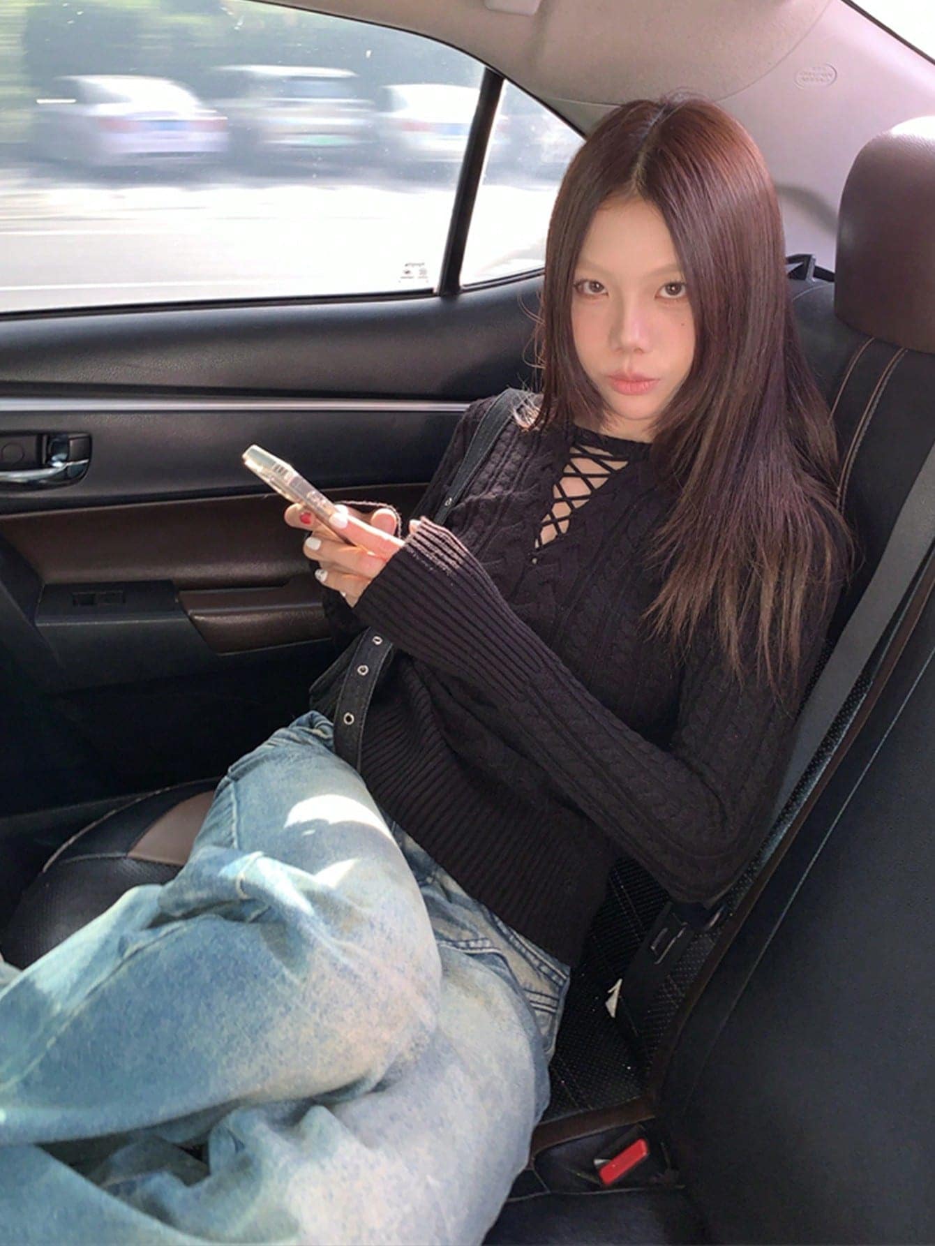 加州艺术学院复古设计收腰修身针织毛衣,女士款,可叠穿,冬季黑色春季款 - 黑色 - 查看 1