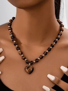 Fashionable Luxury Elegant Tiger Eye Stone Necklace With Heart Pendant For Women, Suitable For Daily, Commute, Vacation, Street Photography, Holiday Gift