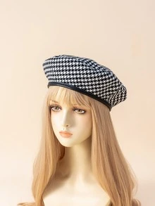 1 件女士千鸟格 PU 饰边韩版报童帽，适合日常休闲、购物、旅行 - 彩色 - 查看 4