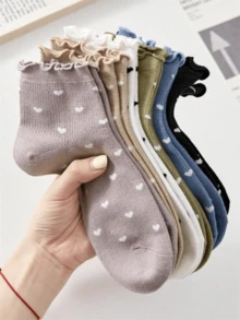 4/1 Pairs Women Ruffled Heart Pattern White Black Ankle Socks Short Socks, Breathable & Comfortable, Suitable For All Seasons, Random Colors - Multicolor - View 5