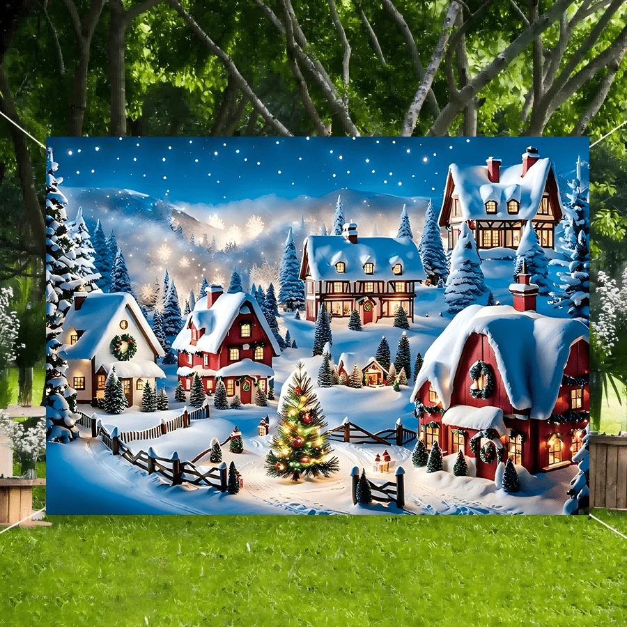 1pc 2026 Christmas Miracle Town Photography Backdrop, Polyester Material, New Year Christmas Party Decoration, Indoor/Outdoor, Garden, Christmas Tree Wall Decor, Home Party Supplies Hanging Banner, Merry Christmas Studio Photography Background, Anniversary