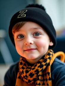 个性化婴儿帽，单只绒球帽，定制 A-Z 字母婴儿帽，男童女童无檐小帽，儿童针织帽，温暖可爱，帽子，日常时尚，适合返校生日礼物 - 黑色 - 查看 4