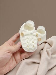 1 Pair Handmade Crochet Infant Shoes, Light Purple Color With Button Decor, Infant Size - White - View 2