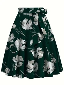 Jupe mi-longue élégante à taille nouée avec imprimé floral, convient pour les vacances au printemps - Multicolore - Voir 3