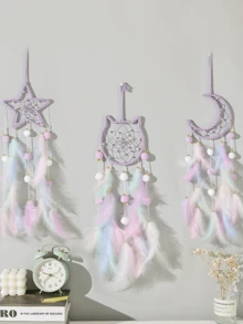 1 件少女捕梦网风铃手工 DIY 羽毛编织挂饰，适合儿童房（羽毛为人造）