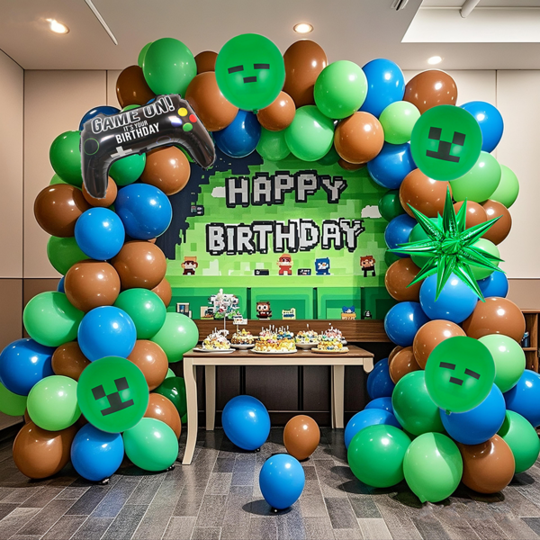 139 piezas Juego Temático Globo Guirnalda Arco Kit, 12/10/5 pulgadas Verde, Azul, Marrón Globos de Látex, Con Mando, 22 pulgadas Verde Estrella Explosiva Globos de Aluminio Lámina, Adecuado Para Temas de Juegos, Decoraciones de Fiesta de Cumpleaños