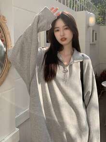 Áo nỉ cổ polo dáng rộng thoải mái dành cho nữ, thích hợp cho mùa xuân. - Xám - Xem 5