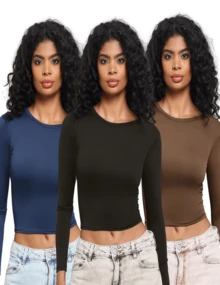 KIT 3: Women's Long-Sleeved Blouse - Mid-Season Compression Fitted Simple Casual Party Elegant Backless / Backless Beach - 1 黑色和 1 油色 1 棕色 - 查看 1