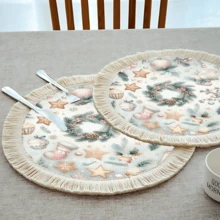 1 pièce Napperon imprimé avec motif d'éléments de Noël, décoration de Noël, tapis de table à franges en lin lavable, décoration d'intérieur, vaisselle, cuisine, fête d'intérieur/extérieur, cadeau idéal
