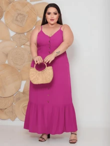 Women's Plus Size Long Dress In Plain Viscose With Padded Bra, Adjustable Straps And Front Buttons - Rose Red - View 2