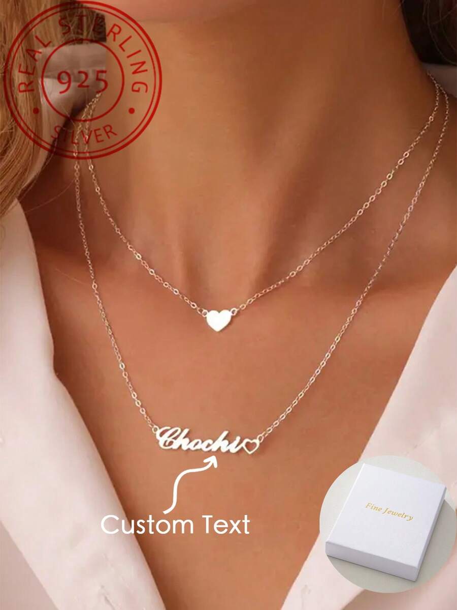 925 Sterling Silver Personalized Double-Layer Heart-Shaped Name Necklace, Customized Jewelry Pendant, Suitable For Daily Wear, Holiday Gifts For Couples, Mothers, Friends, Available In Gold, Fashionable, Multicolor, Retro, Minimalist, Unisex, Casual, Cute, Customized, Personalized, Unique, Ideal Gift For Him, Ideal Gift For Her, Boyfriend, Girlfriend, Dad, Mom, Family, Friends, Anniversary, Birthday, Graduation, Prom, Party, Gold Jewelry - Yellow Gold - View 1