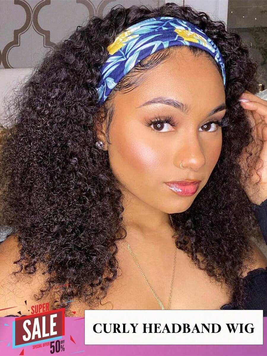180 Density None Lace Front Curly Wave Headband Wig Wear And Go Wig Black Headband Wig Deep Wave Wigs For Women Glueless None Lace Front Deep Curly Wig Brazilian Put On & Go Wig Machine Made Human Hair Headband Half Wig Natural Color