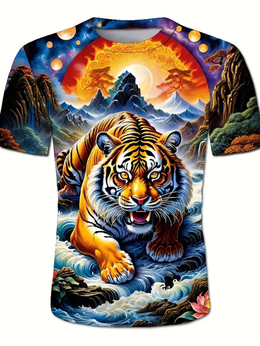 Tiger Pattern Digital Print Men's Graphic T-Shirt, Casual And Comfortable T-Shirt, Short-Sleeved Round Neck Pullover, Men's Spring And Summer Regular Outdoor Casual Clothing - 白色 - 查看 1