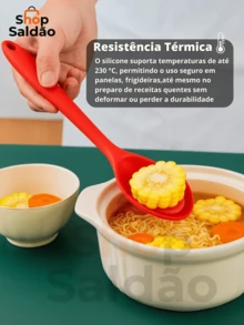 Kit 2 Peças Utensílios de Cozinha de Silicone Concha Reforçada e Colher de Arroz Proteja suas Panelas Disponível nas Cores Preto e Vermelho - Vermelho - Visão 6