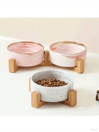 Ceramic Dog Bowl With Wooden Stand, Heavy Duty Anti-Spill Pet Food & Water Bowls Set, Non-Slip Stable Base, Slow Feeder, Easy Clean