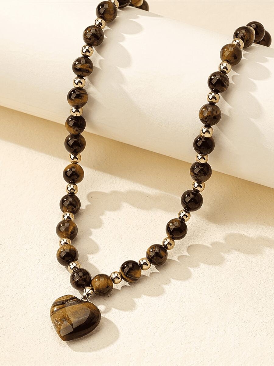 Fashionable Luxury Elegant Tiger Eye Stone Necklace With Heart Pendant For Women, Suitable For Daily, Commute, Vacation, Street Photography, Holiday Gift