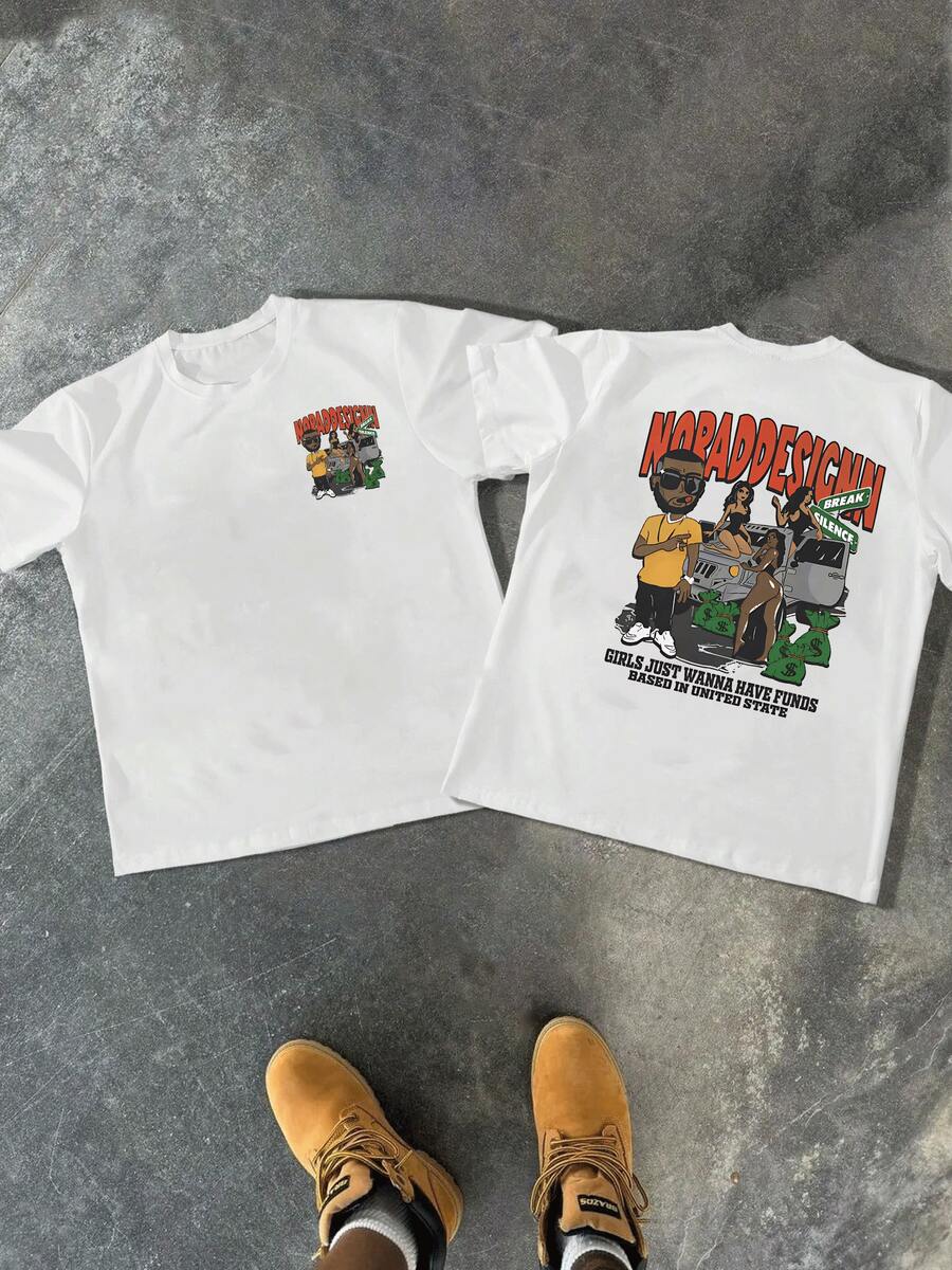 Men's DoubleSided Graphic Tee Cartoon Man,Ladies,Car,And Money Bags Print TShirt,Unique Design For Stylish Look,Comfortable Fit TShirt.
