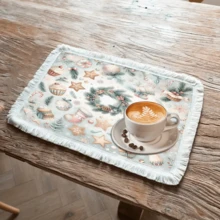 1 pièce Napperon imprimé avec motif d'éléments de Noël, décoration de Noël, tapis de table à franges en lin lavable, décoration d'intérieur, vaisselle, cuisine, fête d'intérieur/extérieur, cadeau idéal