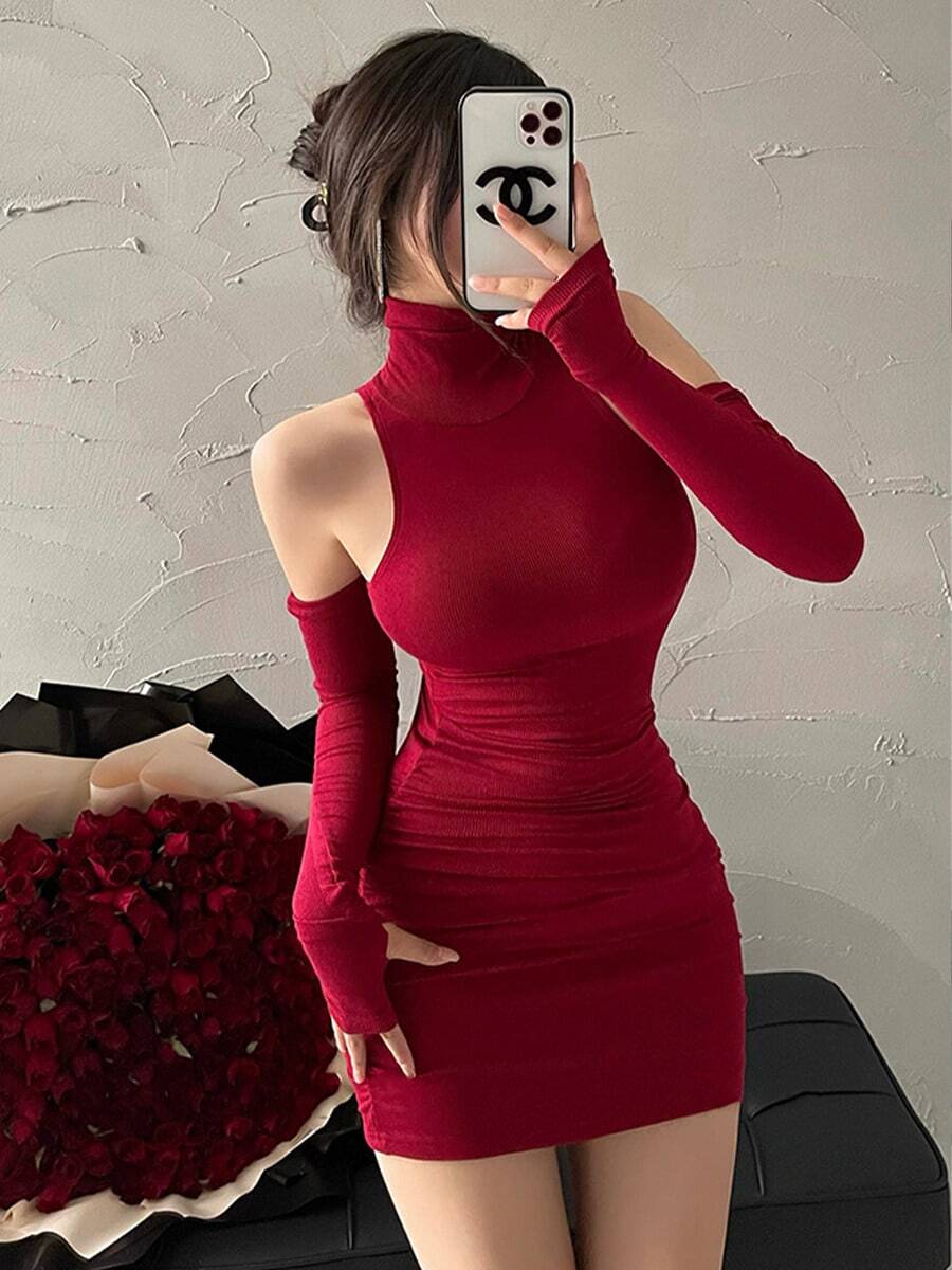 Primavera Sexy Cuello Alto Vestido Spice Girl Sweet Spice Tight Pure Desire Wind Hanging Neck Wrap Hip Skirt Female - Rojo - Ver 1
