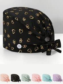 1 件女士优质涤纶材质小心形铝箔印花工作帽/护士帽 - 抗菌、防尘 - 适用于医院手术护士、美容专业人员、管家和清洁工人