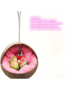 Natural Small Pet Coconut Shell Bird Nest, House, Bed, Breeding Nesting, Anti-Chew, With Warm Pad And Bell For Parrots, Cockatiel, Finches (Model A, One Size, No Pad, Random Bell Color)