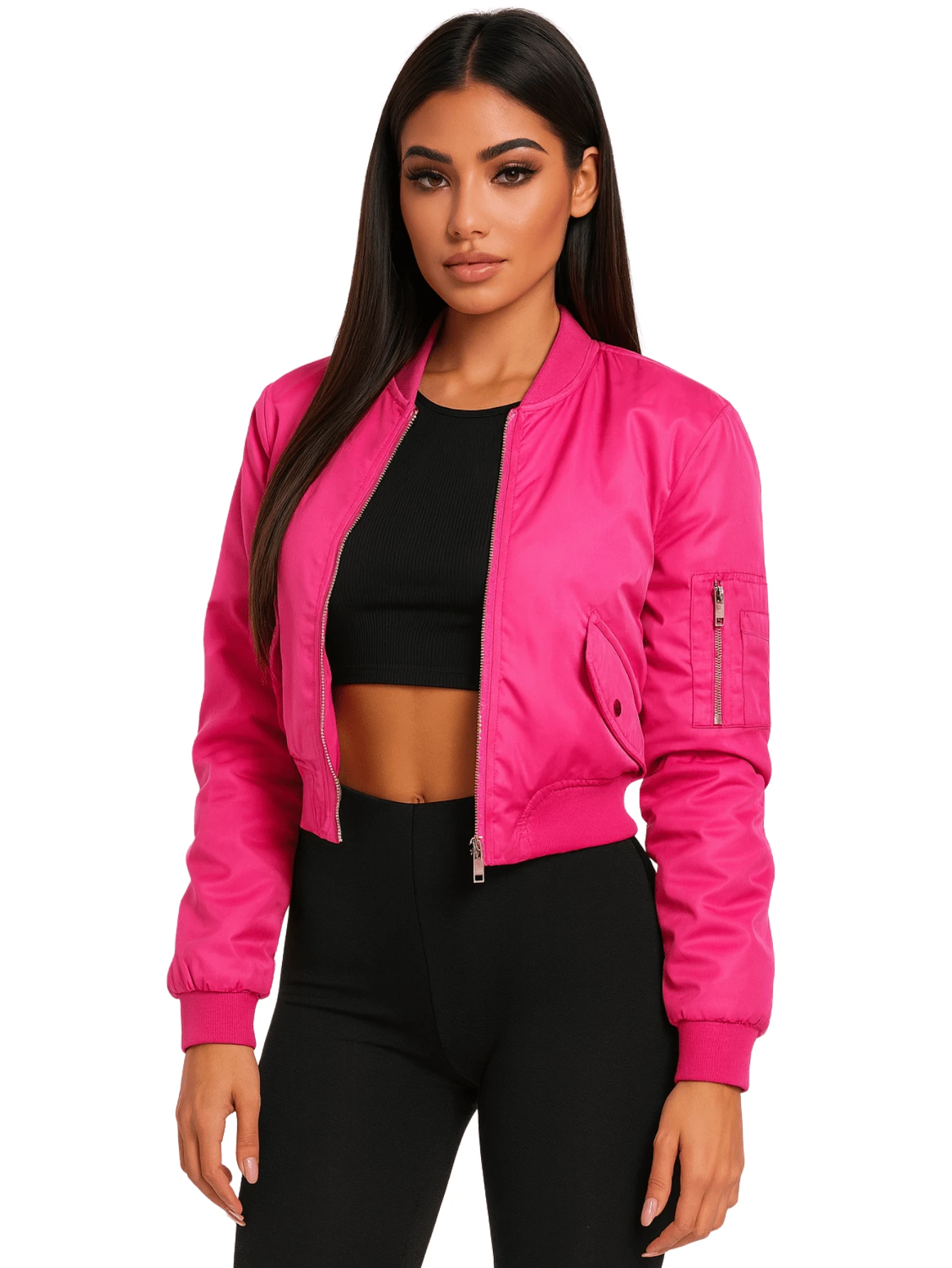 Chamarra bomber TERESA corta de poliéster brilloso para mujer, estilo moderno, casual, del diario, afelpada, de calidad. - Rosa Fucsia - Ver 1