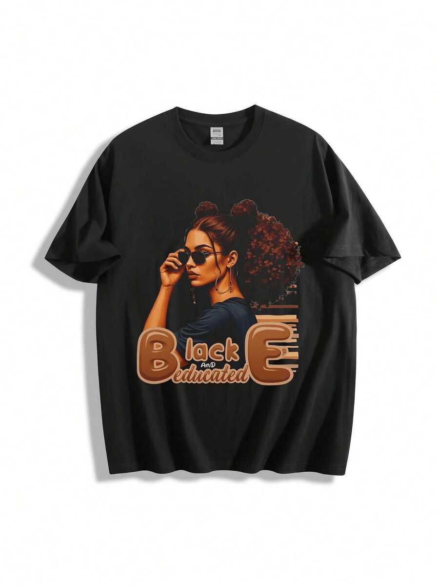 Graphic Women's Casual TShirt 220g Black And Educated 100% Cotton Tee 1Pcs Afro Hair Girl Graphic Print T Shirt - Black - View 1