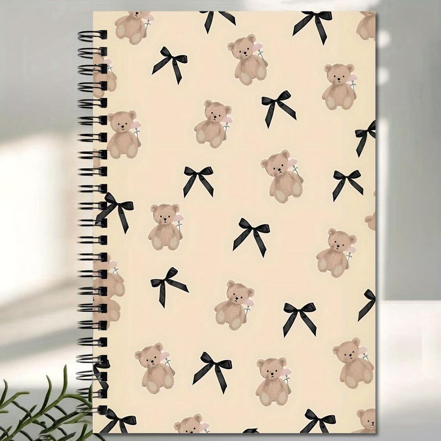 Niedlicher Teddybär & Schleife Design Spiralbindung Notizbuch - Süßes hellbeiges Tagebuch mit schwarzen Schleifen & braunen Bären, kompakte kurze Größe für Schule, Uni, Büro, Frauen, Lehrer, Studenten - Strapazierfähiges Schreib-Tagebuch Geschenk