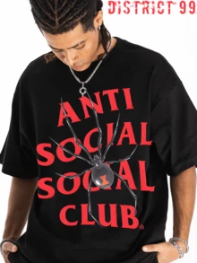 Anti Social Club Spider Graphic Print Cropped T-Shirts For Boys And Girls Men, Women All Ages Family T-Shirt Letter New Streetwear Clothing Harajuku T-Shirt Cotton Half Sleeve Tee, Y2K Style Casual Cotton Classic Crewneck Design Tee - 黑色 - 查看 2