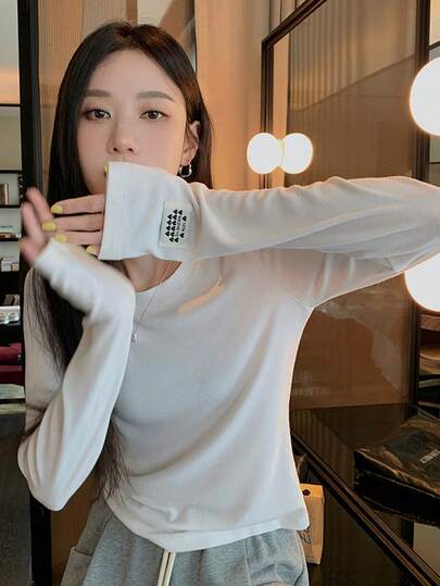 柔软百搭圆领长袖T恤 休闲白色 春季