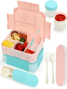 1 pièce Boîte à lunch portable avec ustensiles, tasse à salade, design carré pour micro-ondes - Grande boîte à lunch Bento 4 compartiments pour l'école, le bureau, les voyages, le camping, les pique-niques en plein air, le rangement de cuisine, convient aux filles et aux garçons, disponible en bleu, gris, jaune
