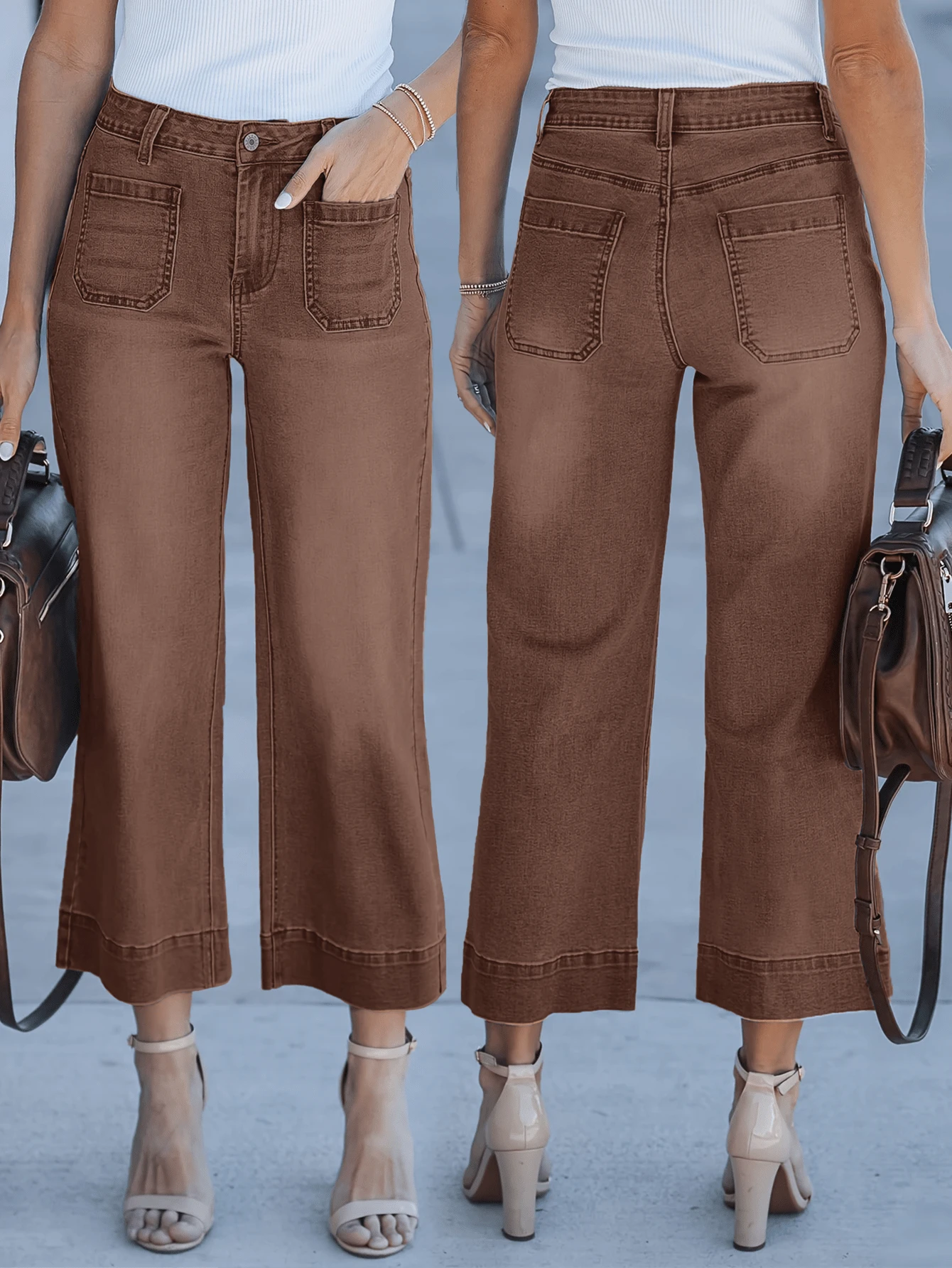 新款女式七分水洗牛仔裤，时尚性感长裤 - 銅色 - 查看 1