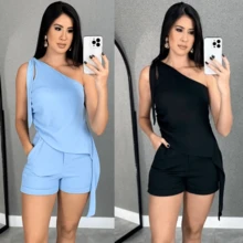 Shorts Set Tank Top Simple Sun Casual Elegant Sensual Fabric Zipper Pocket Button Women's Set Daily Street Summer - 黑色 - 查看 4