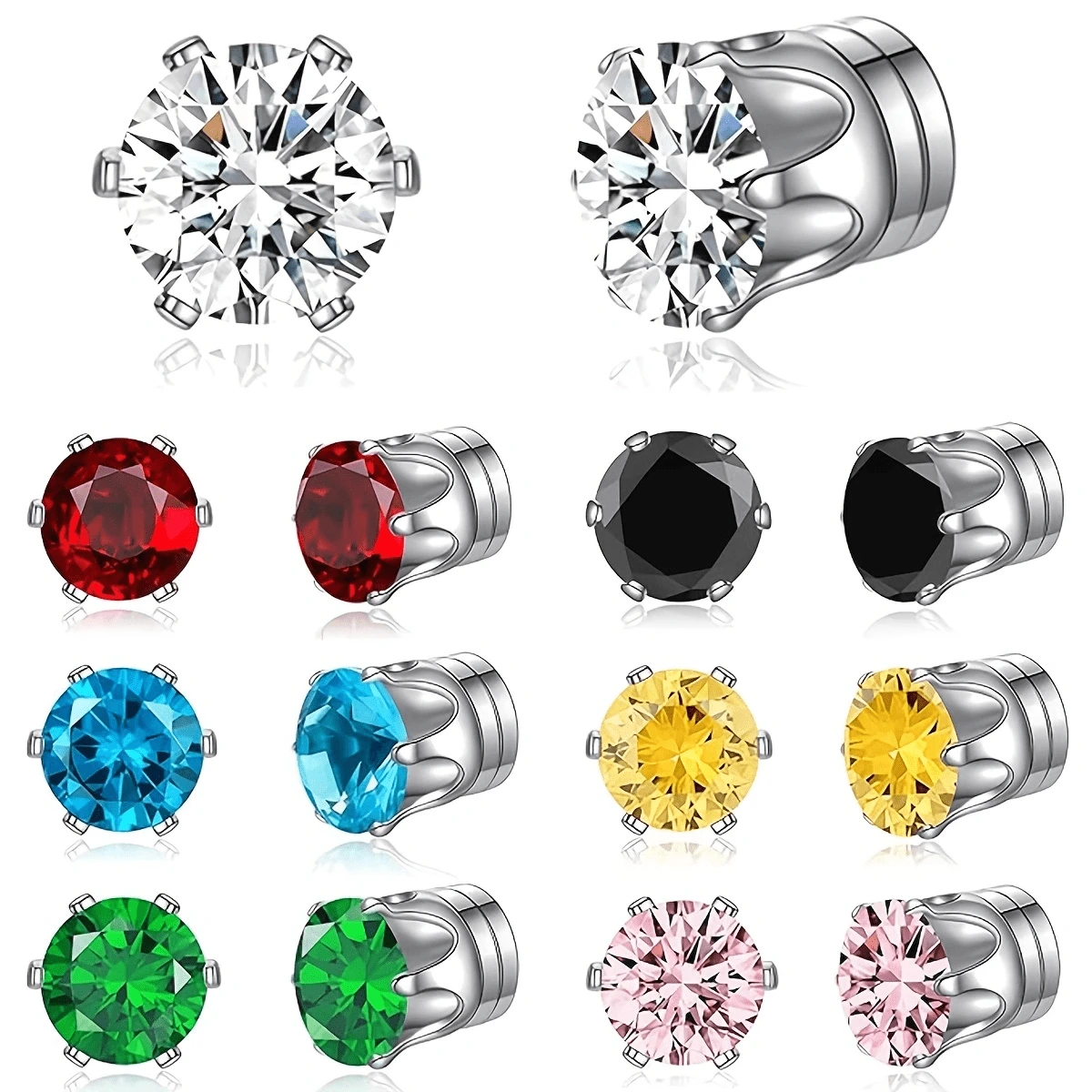 1 par de pendientes magnéticos con circonita cúbica de colores, pendientes de clip sin perforación, unisex